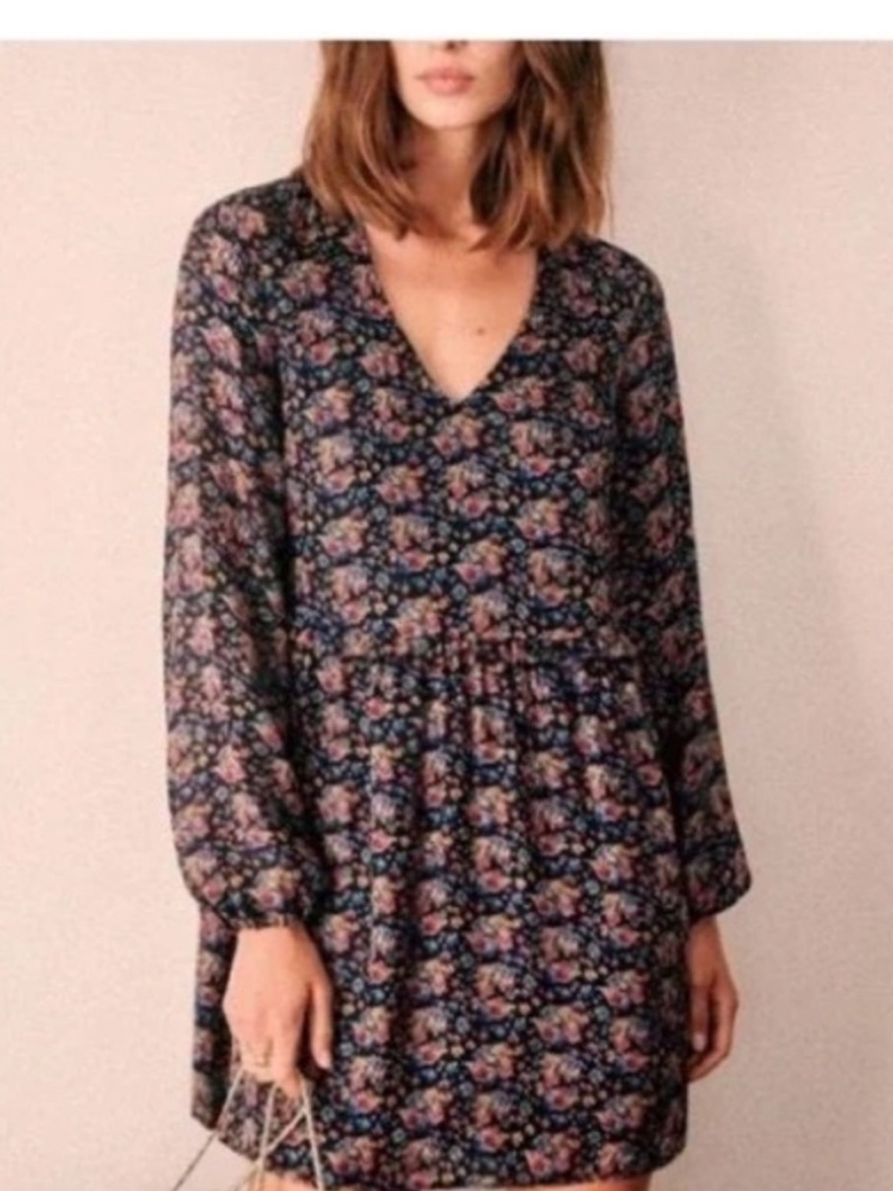 Sezane Penelope Silk Navy Floral Long Sleeve Mini Dress/ French size 34(US 2/XS)